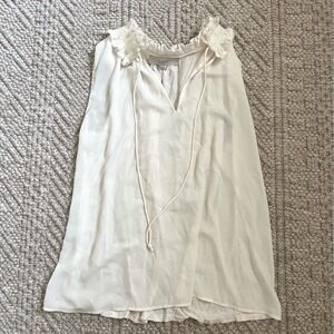 LOFT Womens White Ruffle Neck Crochet Lace Sleeveless Blouse Split V-Neck Top M
